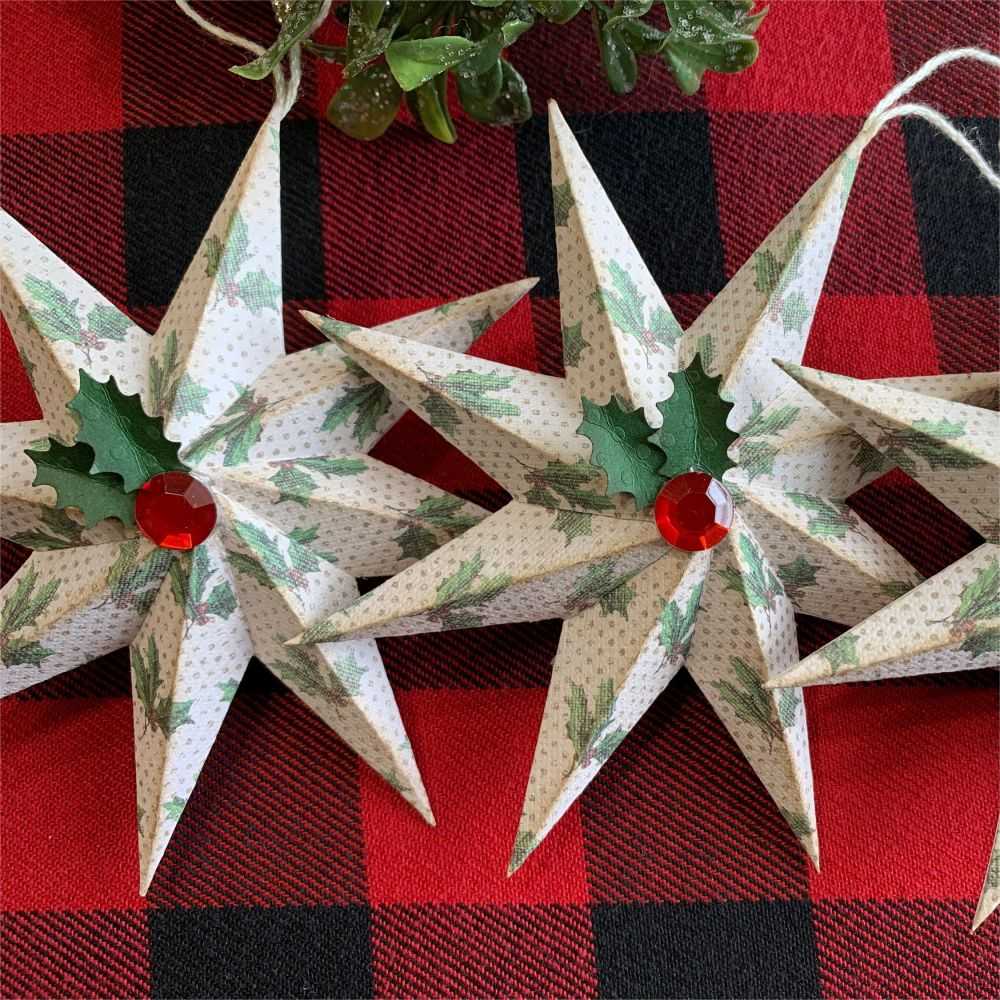 Christmas Handcrafted Paper Stars With Vintage Holly And Berries