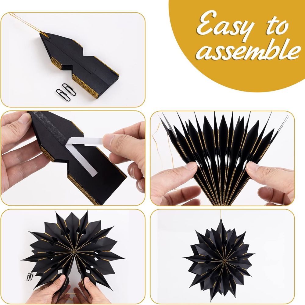 Easy to Assemable Gold Edge Holly Black Paper Snowflake Ornament