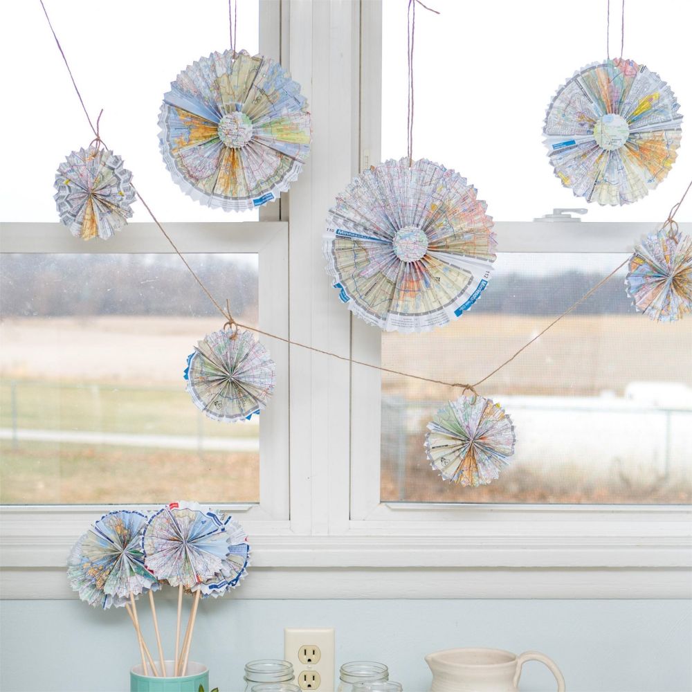 Map Paper Fans Adventure Travel Theme Decor Paper Rosettes Decorative Fans Home Crafts
