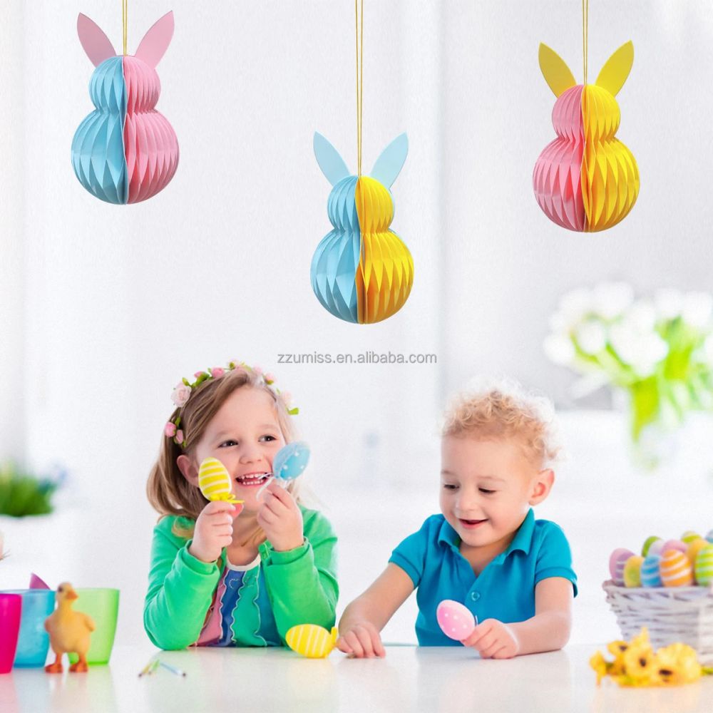 two toned Bunny Paper Honeycomb Ornaments Paper Baubles for Easter Party Decorations