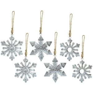 Personalized Rustic Metal Farmhouse Snowflake Christmas Tree Ornaments Variety Set of 6