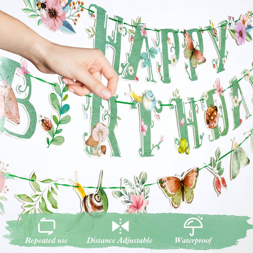 Personalized Green Spring Butterfly Happy Birthday Party Banner, repeated use and waterproof