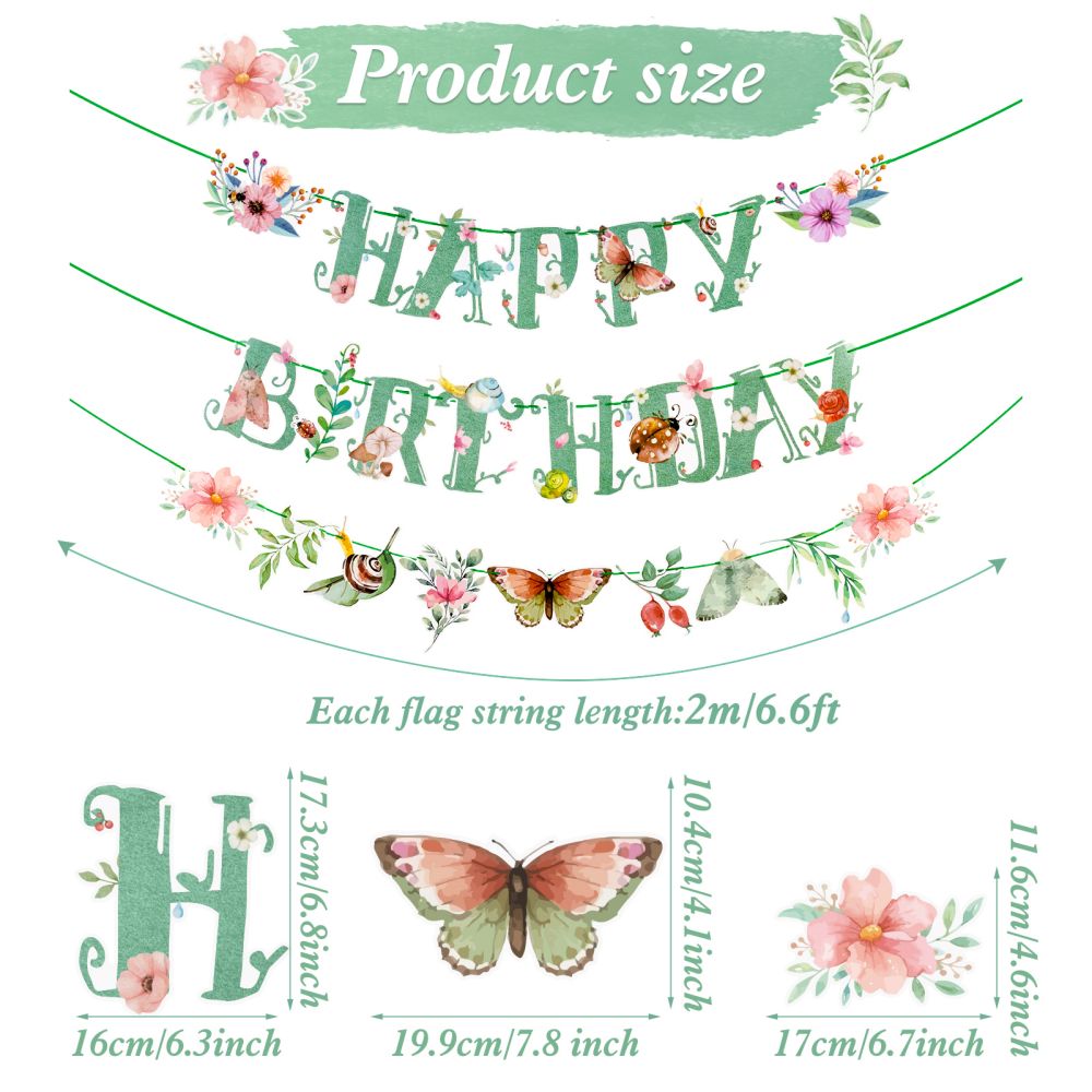 Size and Details of Green Spring Butterfly Happy Birthday Party Banner