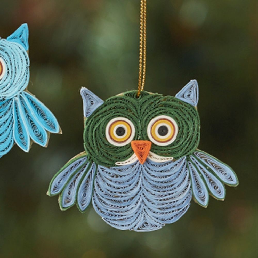 Artisanal Supplier of Custom Personalized Christmas Owl Ornament Sets in Quilled Paper