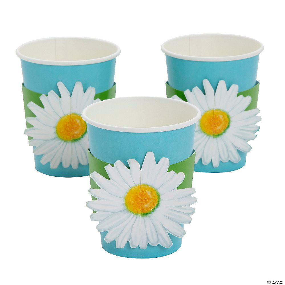 Blue Groovy Retro Daisy Custom Paper Cups With Cup Sleeves