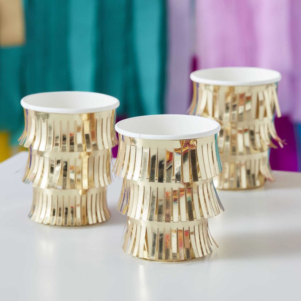 Custom Paper Party Cups Fringed Gold Paper Cups