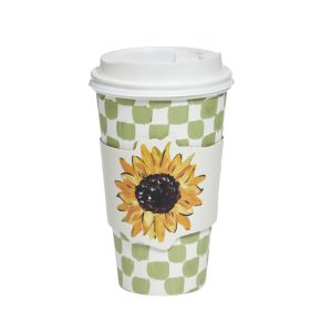 Personalized Paper Coffee Cups Sunflower Pattern With Lids And Cup Sleeves