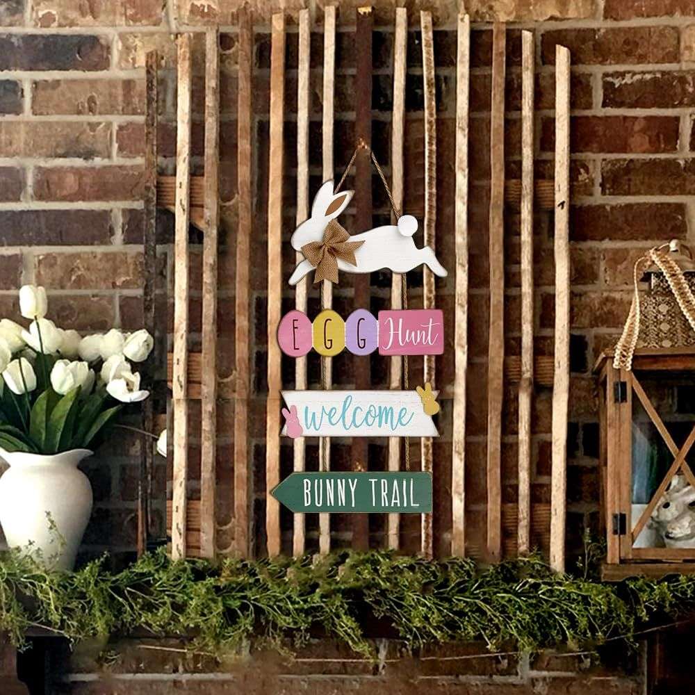 Pink Rustic Wooden Bunny Welcome Sign