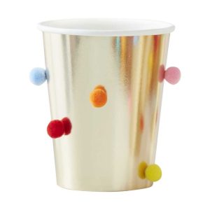 Custom Printed Paper Cups Rainbow Pom Pom Gold Paper Party Cups