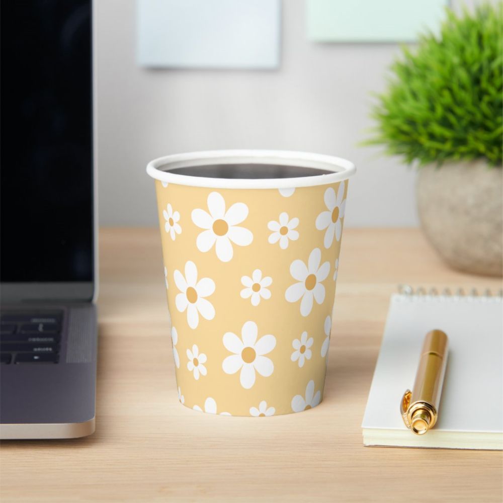 Yellow Unique Custom Paper Cups With Retro Daisy