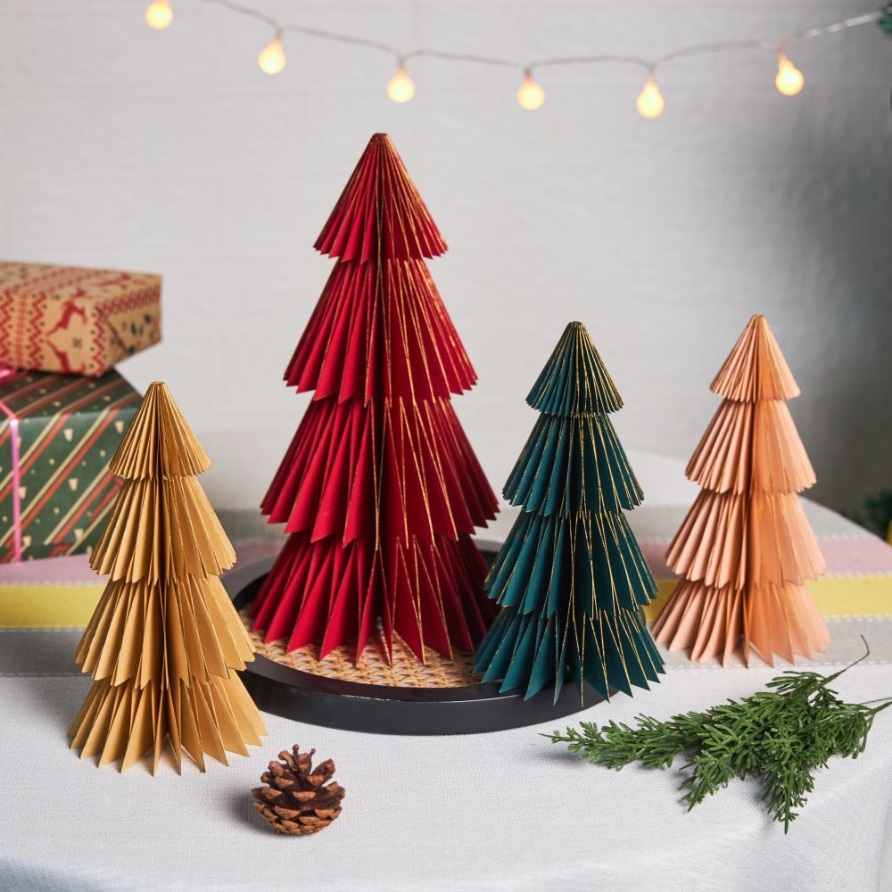 Assorted Color Paper Honeycomb Christmas Tree Ornaments - Bulk Pack of 4