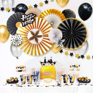 Happy New Year Banner Balloons Paper Fan Garland Decorations