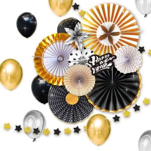 Happy New Year Banner Balloons Paper Fan Garland Decorations Supplier