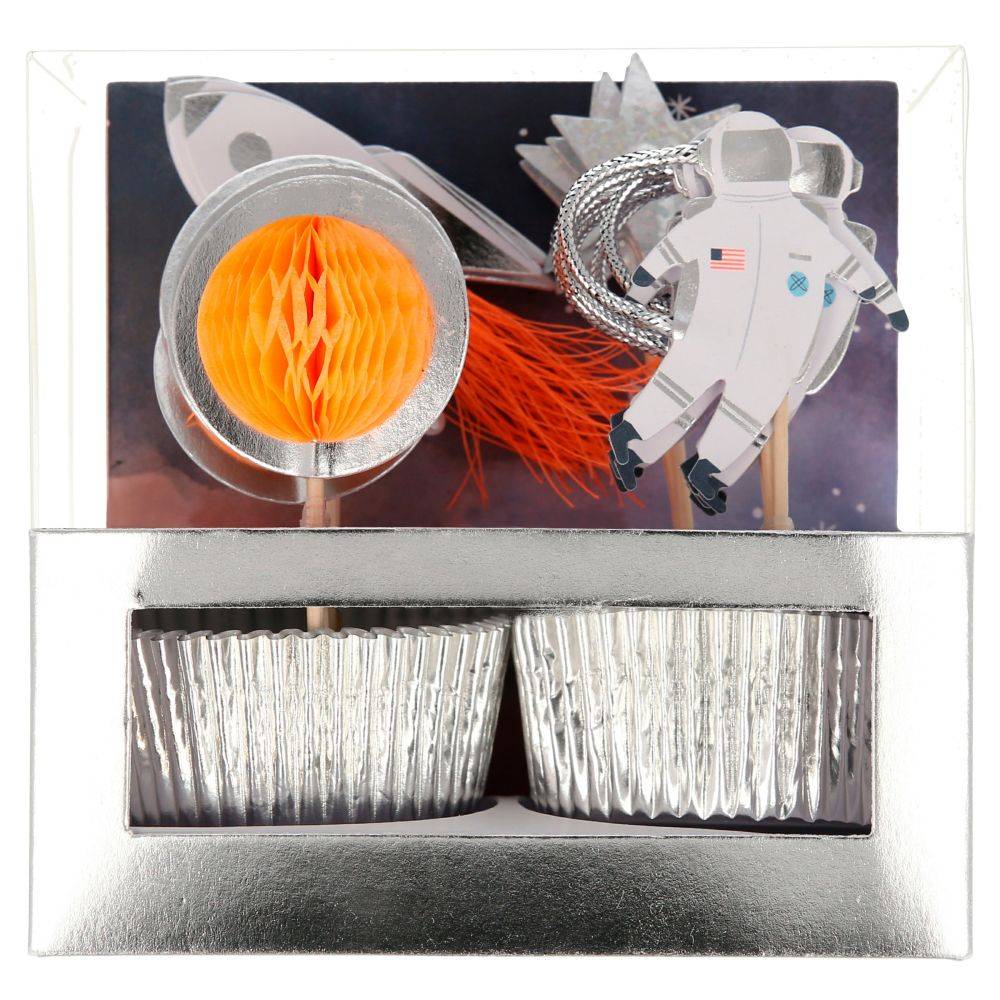 Space Baking Cups Silver Foiled Customized Cupcake Toppers Kit
