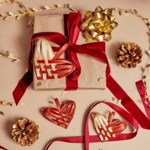 Custom Traditional Woven Heart Christmas Valentines Ornament Set