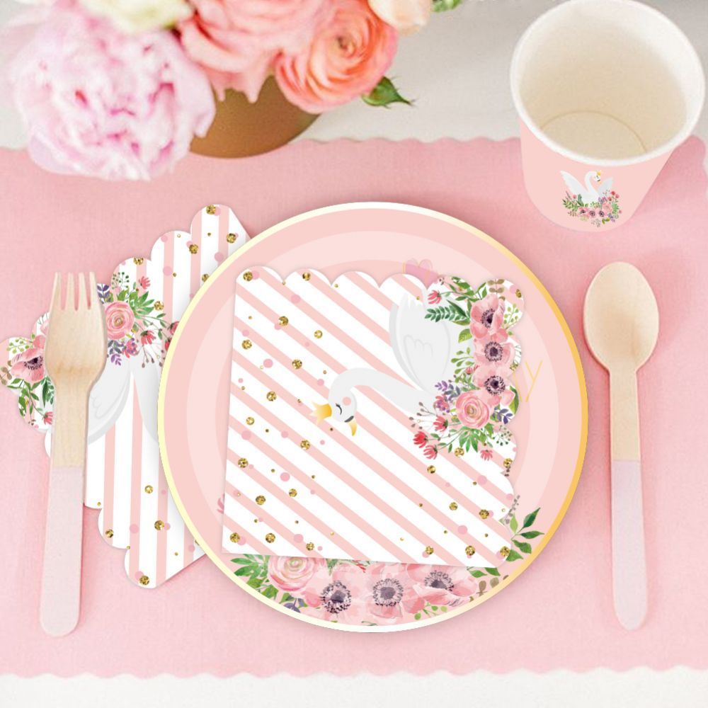 Swan Pink Theme Custom Birthday Tableware Baby Shower Birthday Party Supplies