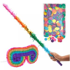 Custom Rainbow Pinata Stick with Blindfold and Colorful Confetti for Birthday Party