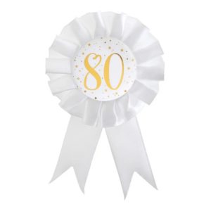 80th Birthday White & Gold Sparkle Rosette Supplier