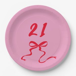 Modern Pink Red 21st Birthday Bow Illustration Paper Plates Wholesale