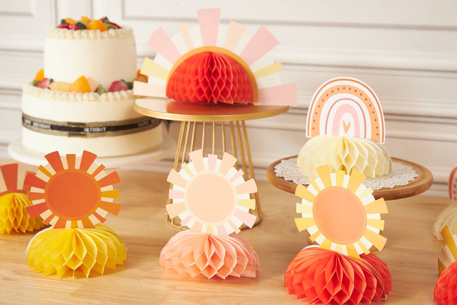 Paper honeycomb decorations for borthday weddings