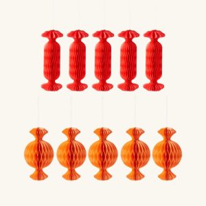 Candy Honeycomb Pompons Red & Orange Wholesale Paper Ornaments Bulk