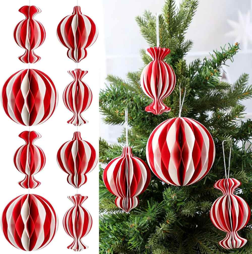 12 Pcs Paper Christmas Ornaments Christmas Candy Honeycomb Ornaments Paper Honeycomb Craft Balls for Home Xmas Tree Party Holiday Decor(Red White) (1)