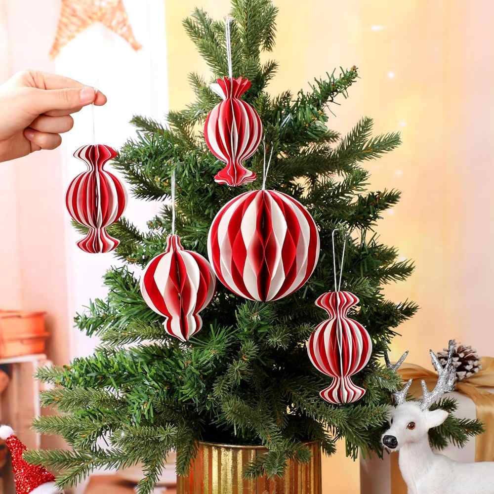 12 Pcs Paper Christmas Ornaments Christmas Candy Honeycomb Ornaments Paper Honeycomb Craft Balls for Home Xmas Tree Party Holiday Decor(Red White) (4)