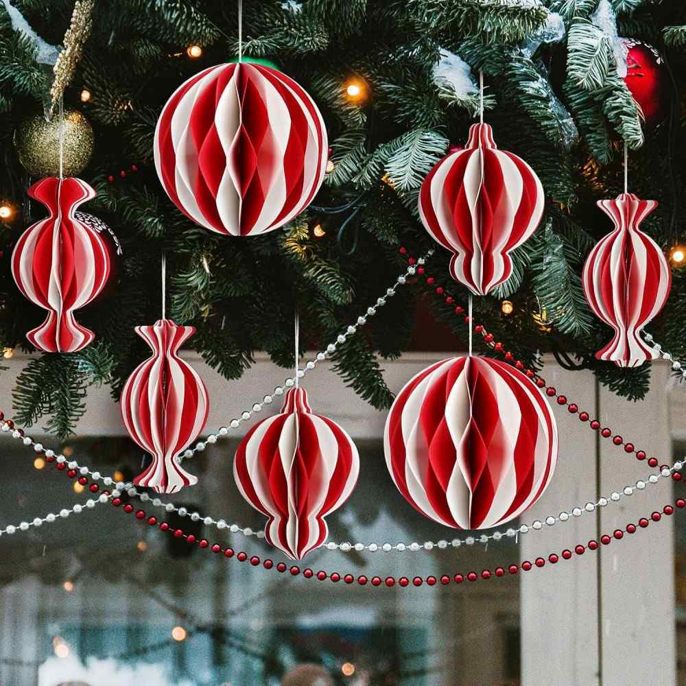 12 Pcs Paper Christmas Ornaments Christmas Candy Honeycomb Ornaments Paper Honeycomb Craft Balls for Home Xmas Tree Party Holiday Decor(Red White) (5)