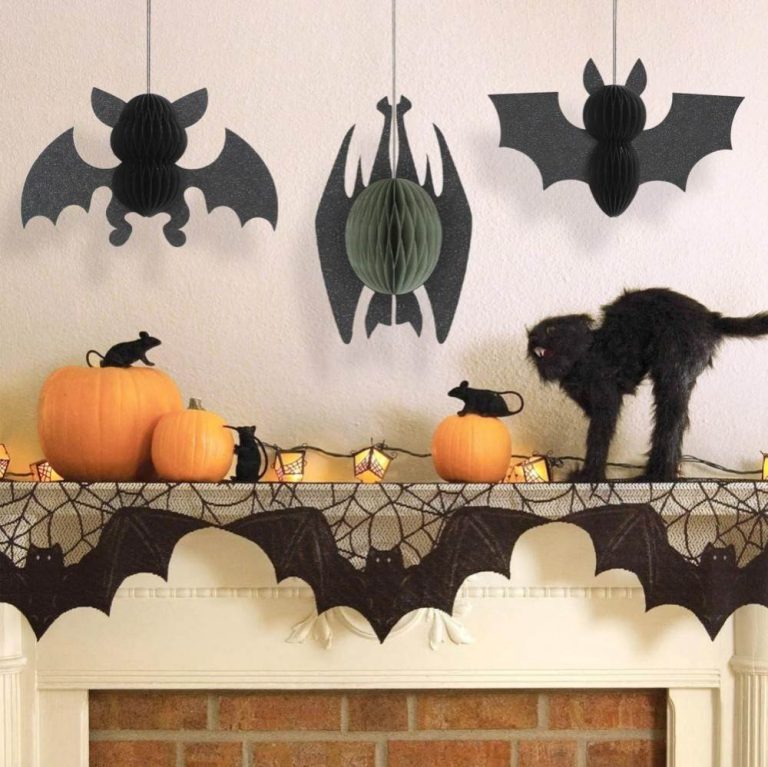 3Pcs Halloween Bat Hanging Decorations, Honeycomb Bats for Indoor Spooky Party, Haunted House Decor, Halloween Window Decorations Black & Gray Grey (1)
