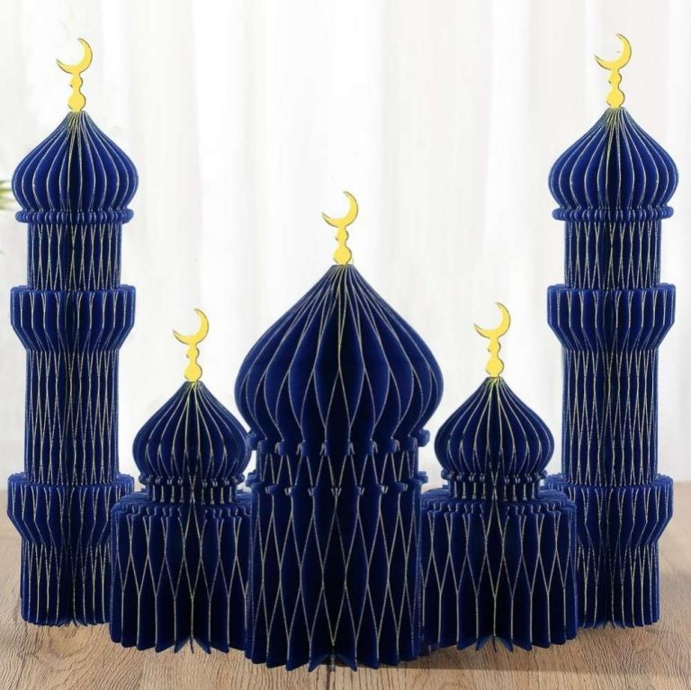 5 PCS Ramadan Party Decorations Ramadan 3D Honeycomb Centerpiece Eid Mubarak Centerpieces Islamic Table Decoration for Home Office Party Supplies (Blue (1)