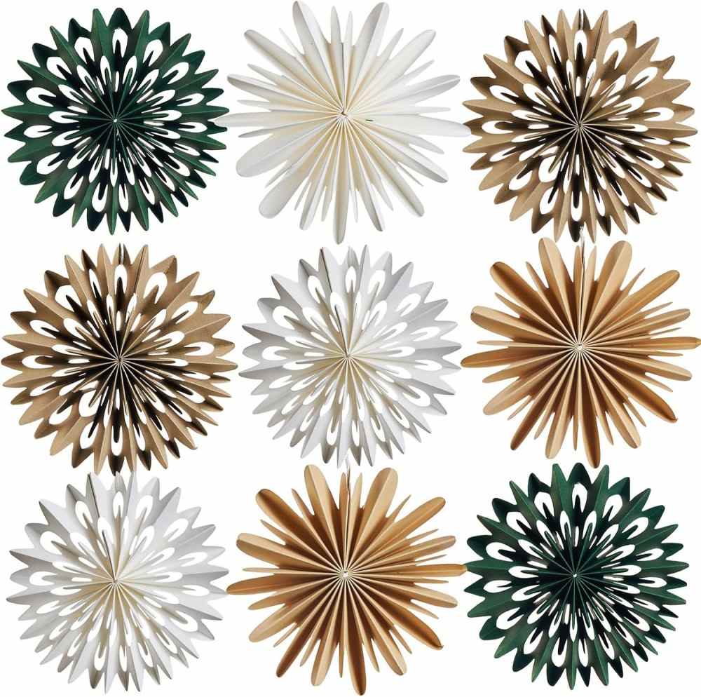 9PCS Mini Christmas Snowflake Ornament - Paper Hanging Decorations for Christmas Tree, Boho Style Indoor Home Decor White Khaki Gree (1)