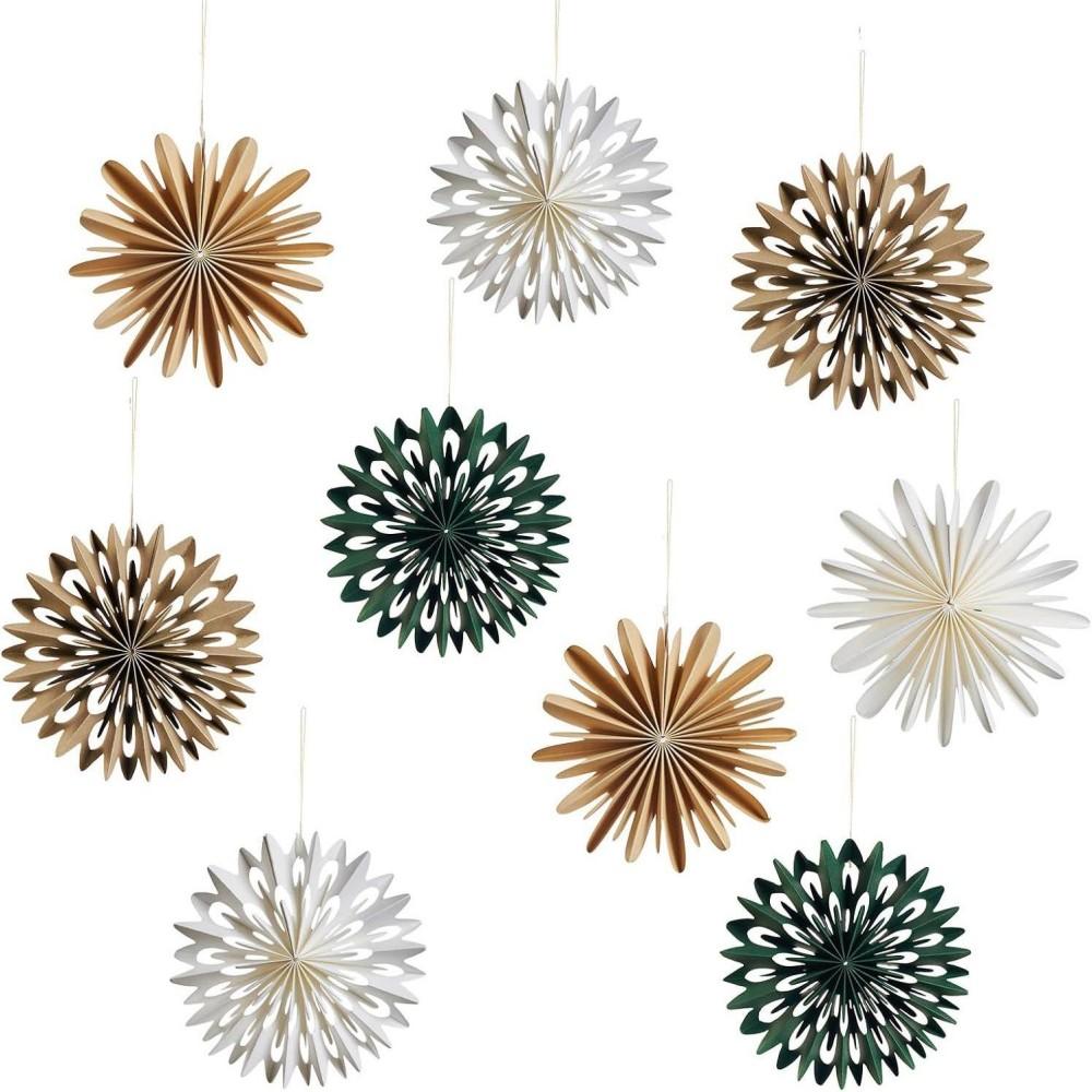 9PCS Mini Christmas Snowflake Ornament - Paper Hanging Decorations for Christmas Tree, Boho Style Indoor Home Decor White Khaki Gree (2)