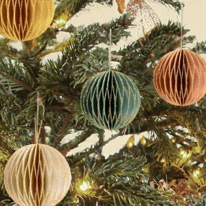 Christmas Hanging Decorations, 6 PCS Nature Round Glitter Edge Paper Honeycomb Ornaments, Green Brown Mini Paper Lanterns