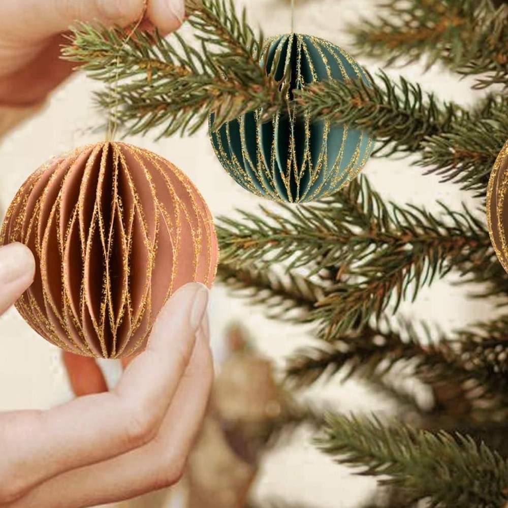 Christmas Hanging Decorations, 6 PCS Nature Round Glitter Edge Paper Honeycomb Ornaments, Green Brown Mini Paper Lanterns Ornament or Christmas Tree Décor, New Years Party Home Decor