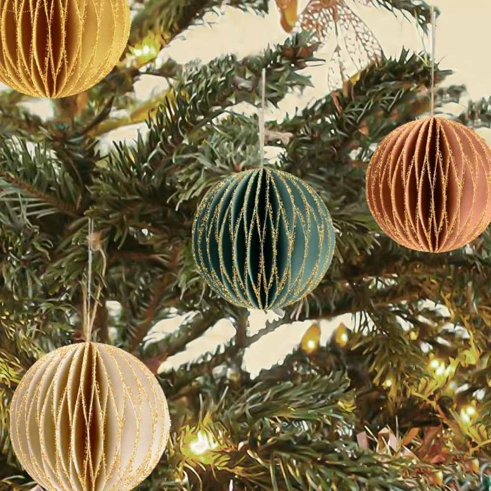 Christmas Hanging Decorations, 6 PCS Nature Round Glitter Edge Paper Honeycomb Ornaments, Green Brown Mini Paper Lanterns