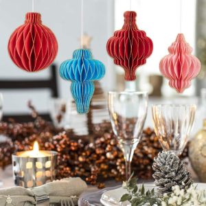Christmas Paper Honeycomb Ornaments 8 PCS Red Glitte Paper Hanging Ornaments Paper Christmas Tree Decorations Paper Honeybomb Ornaments for Holiday Christmas New Year Decor Red 8PCS 4