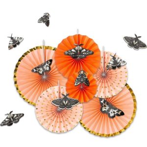 Wholesale Halloween Bohoween Paper Fans 16pcs Gold Orange Moth Decor Supplier
