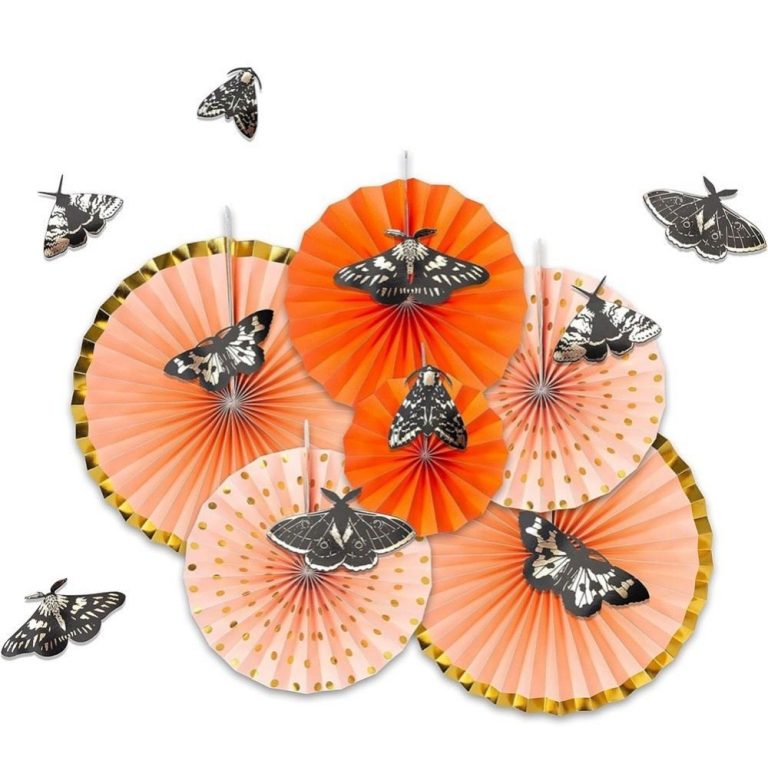 Halloween Paper Fans Decorations Bohoween Hanging Gold Orange Moth Butterfly Fan