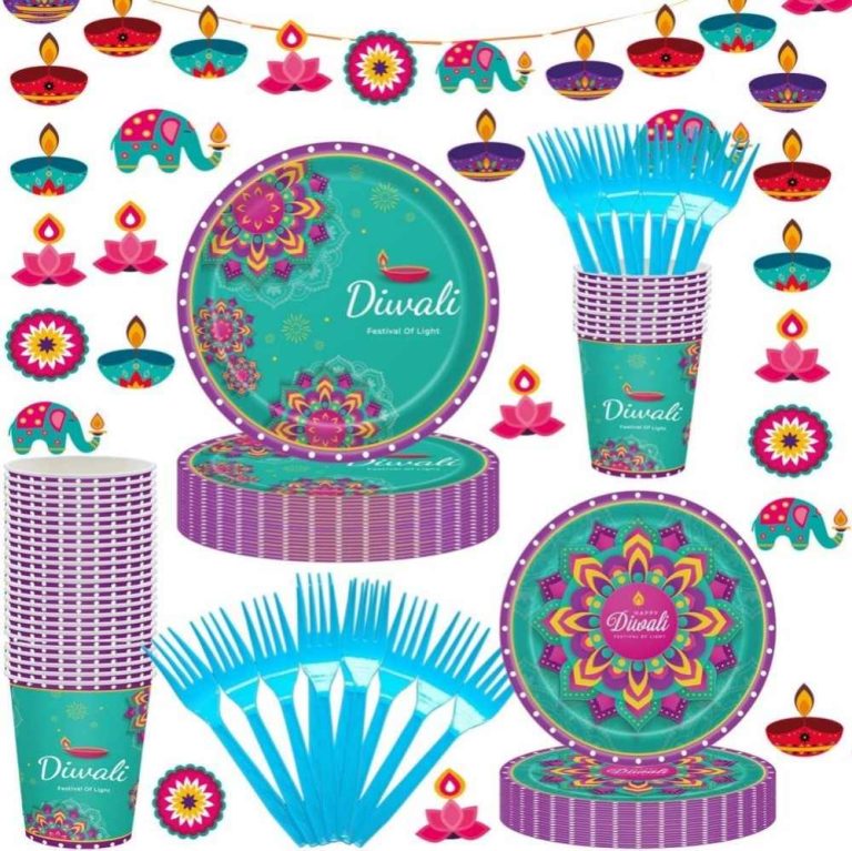 Happy Diwali Table Decorations, 105pcs Diwali Party Tableware Set，Festival of Lights Diwali Plates, Cups, Banner,Fork Indian Festival Diwali Themed Party Supplies（Serves 25 Guests） (1)
