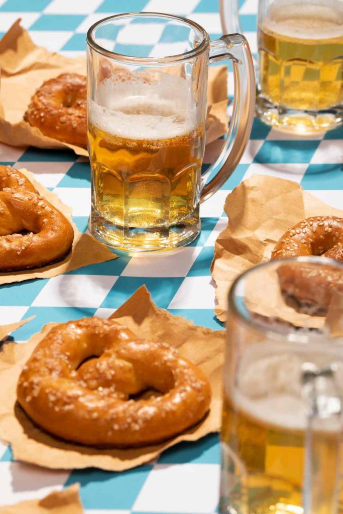 oktoberfest themed party arrangement with delicious pretzel
