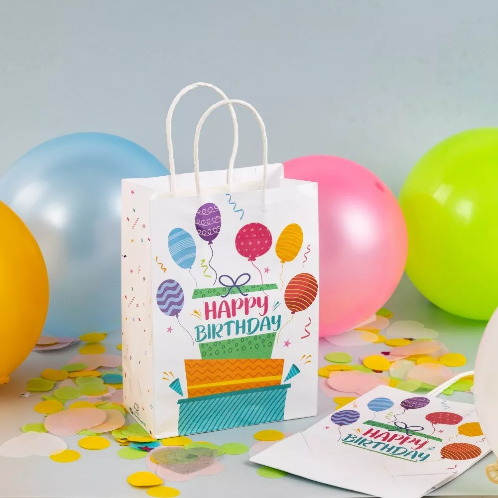party paper bags with colorful balloons