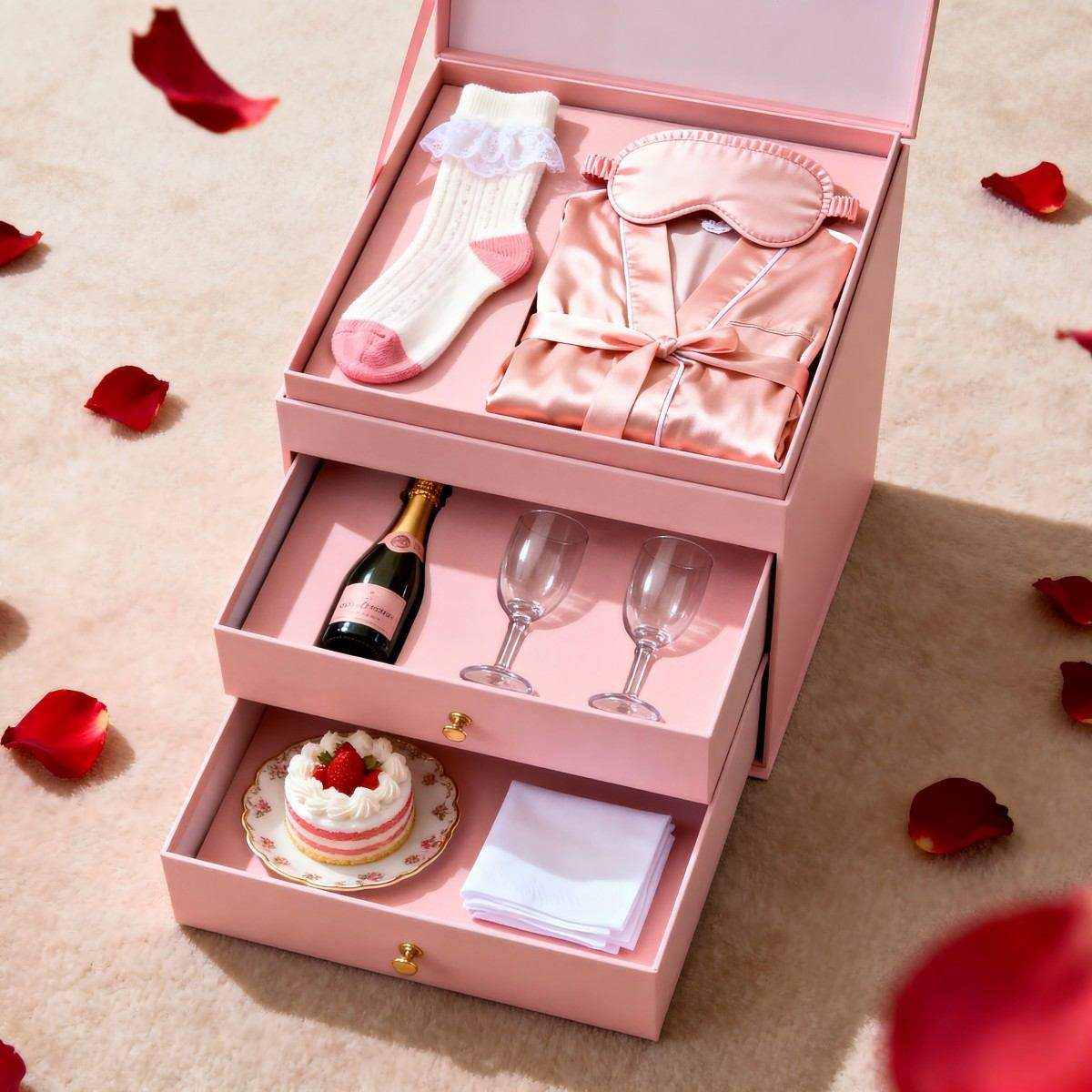 A bachelorette party themed gift box The pink box opens to reveal layered party supplies the top layer contains bridal socks, an eye mask