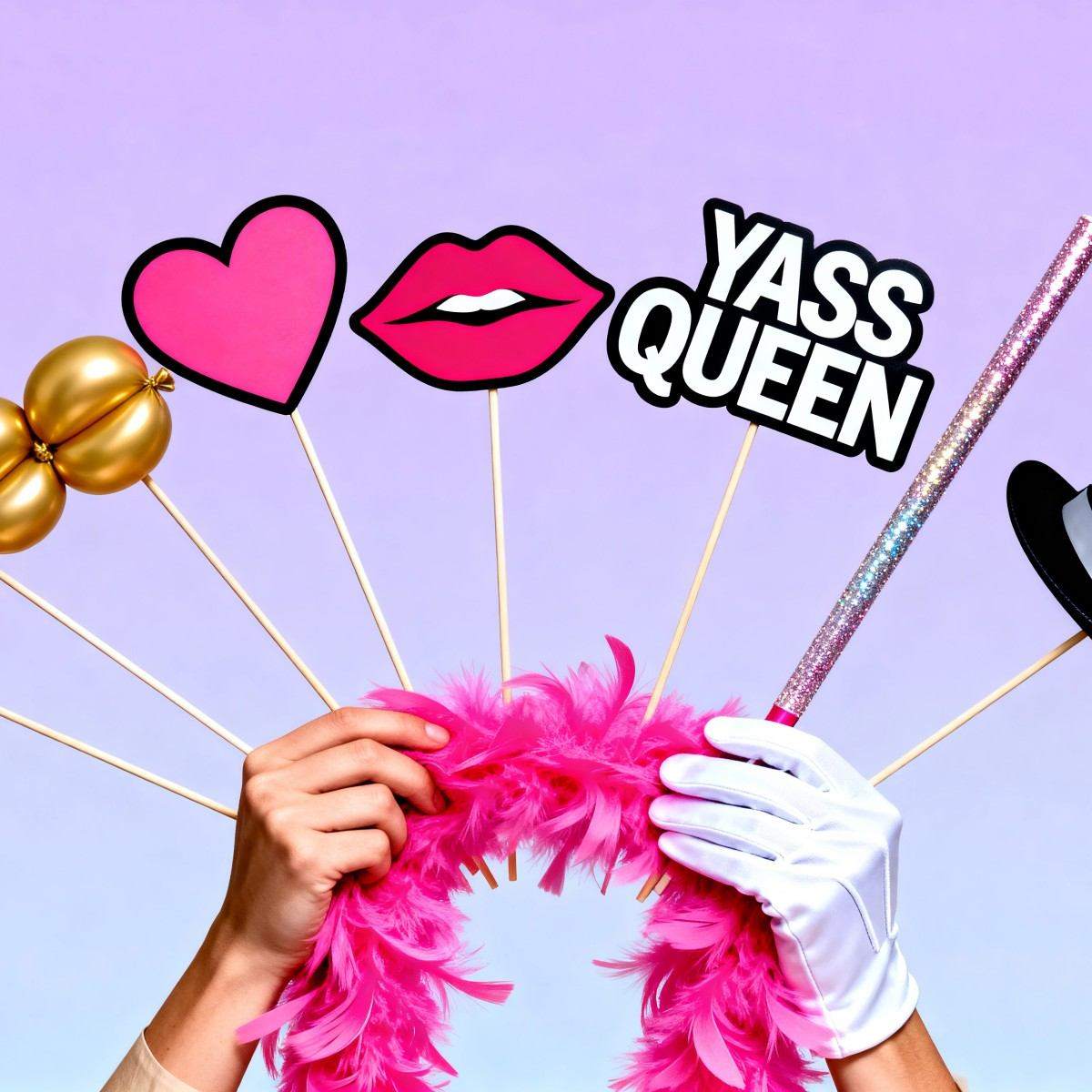Bachelorette party photo props set, handheld photo board (heart, lips, YASS QUEEN symbol)