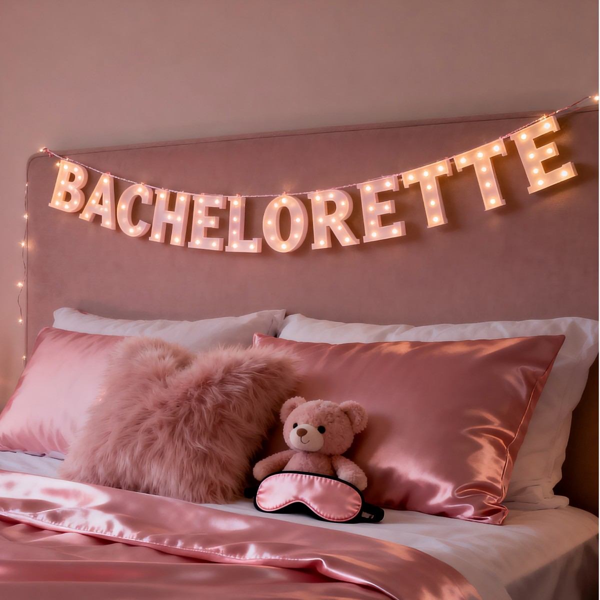 Bachelorette party room setting, pink silk sheets spread out, BACHELORETTE letters hanging above the bed