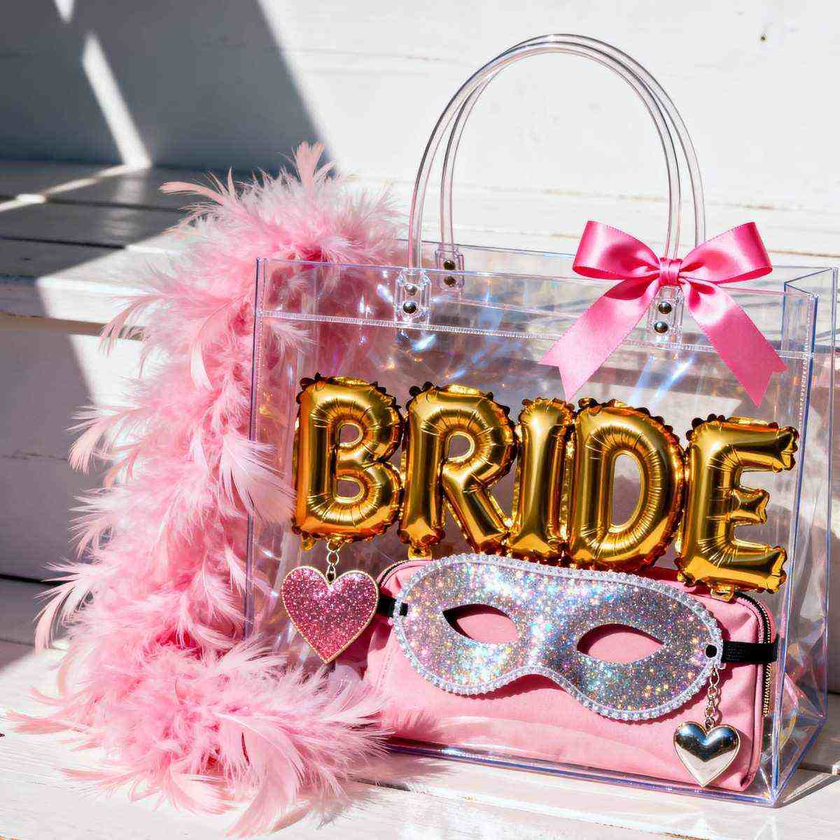 Bachelorette party themed decoration bag, transparent PVC tote bag, gold BRIDE letter balloons, pink feathers.