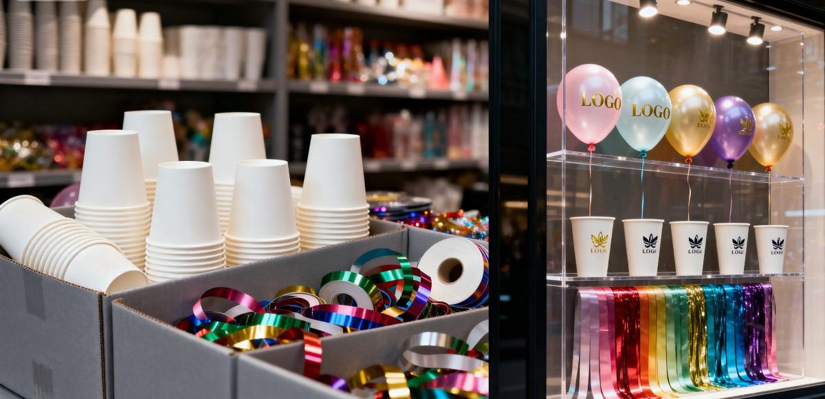 Party supplies white unmarked paper cups, general-purpose ribbons, standard balloons