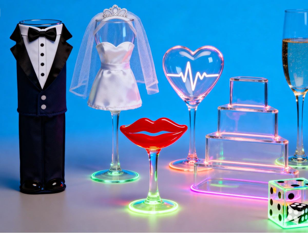 Wedding-themed glasses and decorations display.