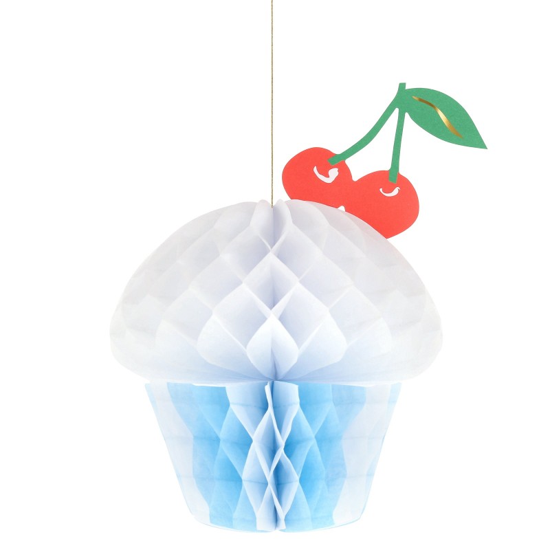 Blue honeycomb cupcake decoration with double cherries