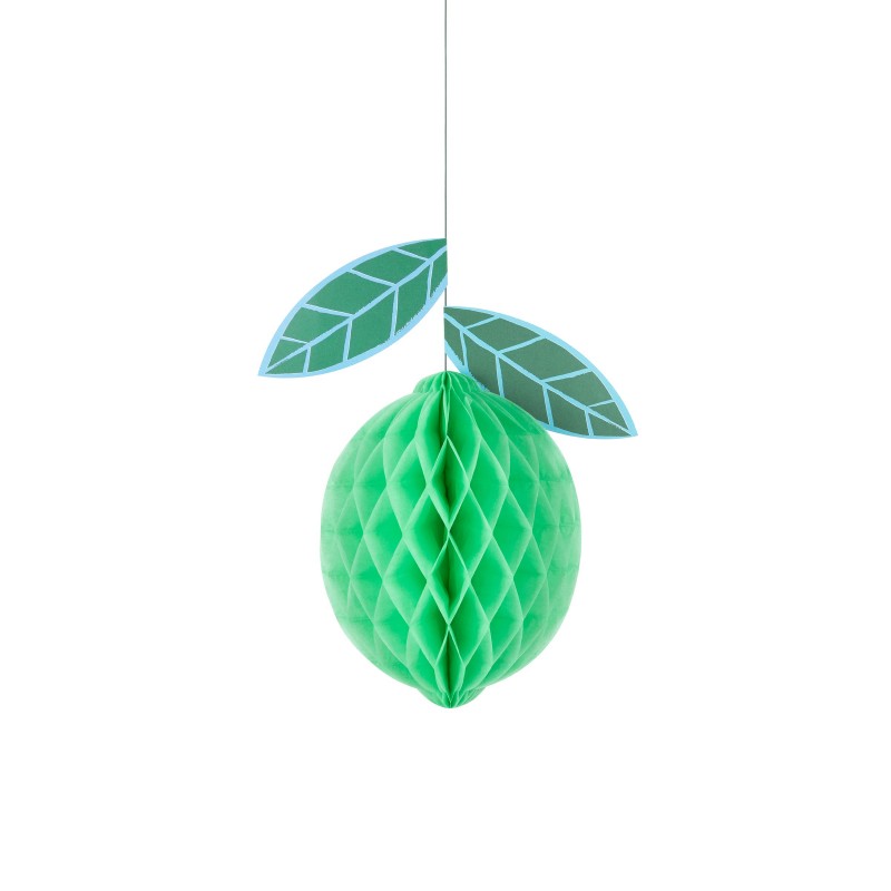 Green honeycomb paper lime hanging decoration with teal leaves, tropical party decor
