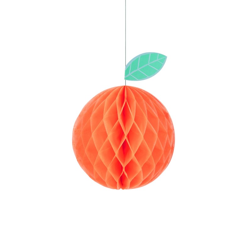 Orange honeycomb paper orange hanging decoration with teal leaf.
